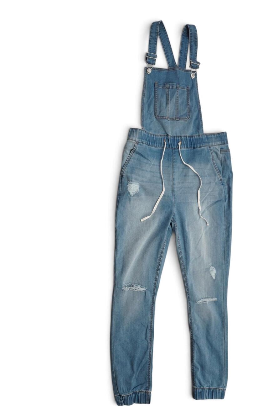 GUESS Overalls Womens Medium Blue Denim Jogger Drawstring Distressed Logo